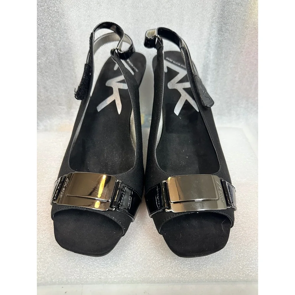 Anne‎ Klein Sport Black Slingback Wedge Peep Toe Heels Shoes Women 10M